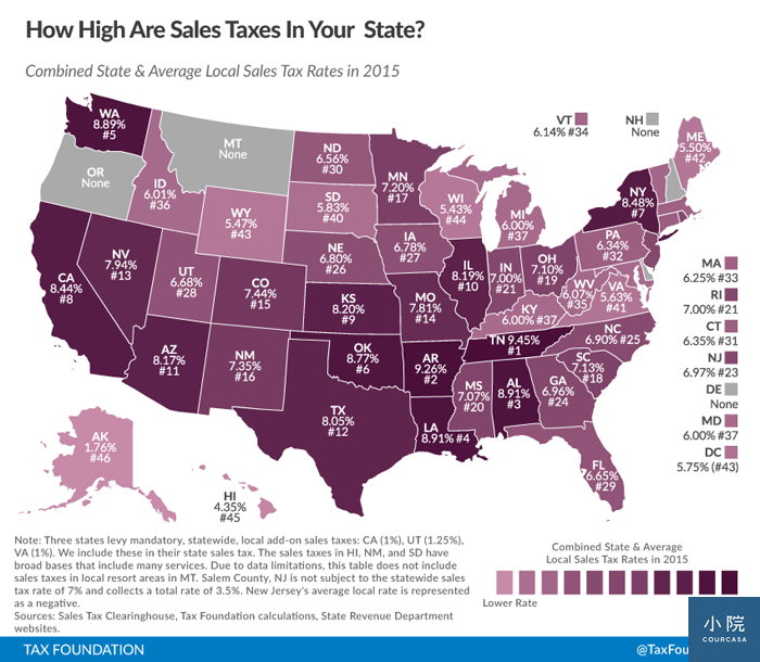 State and local sales tax rates in 2015，圖片來自Tax Foundation
